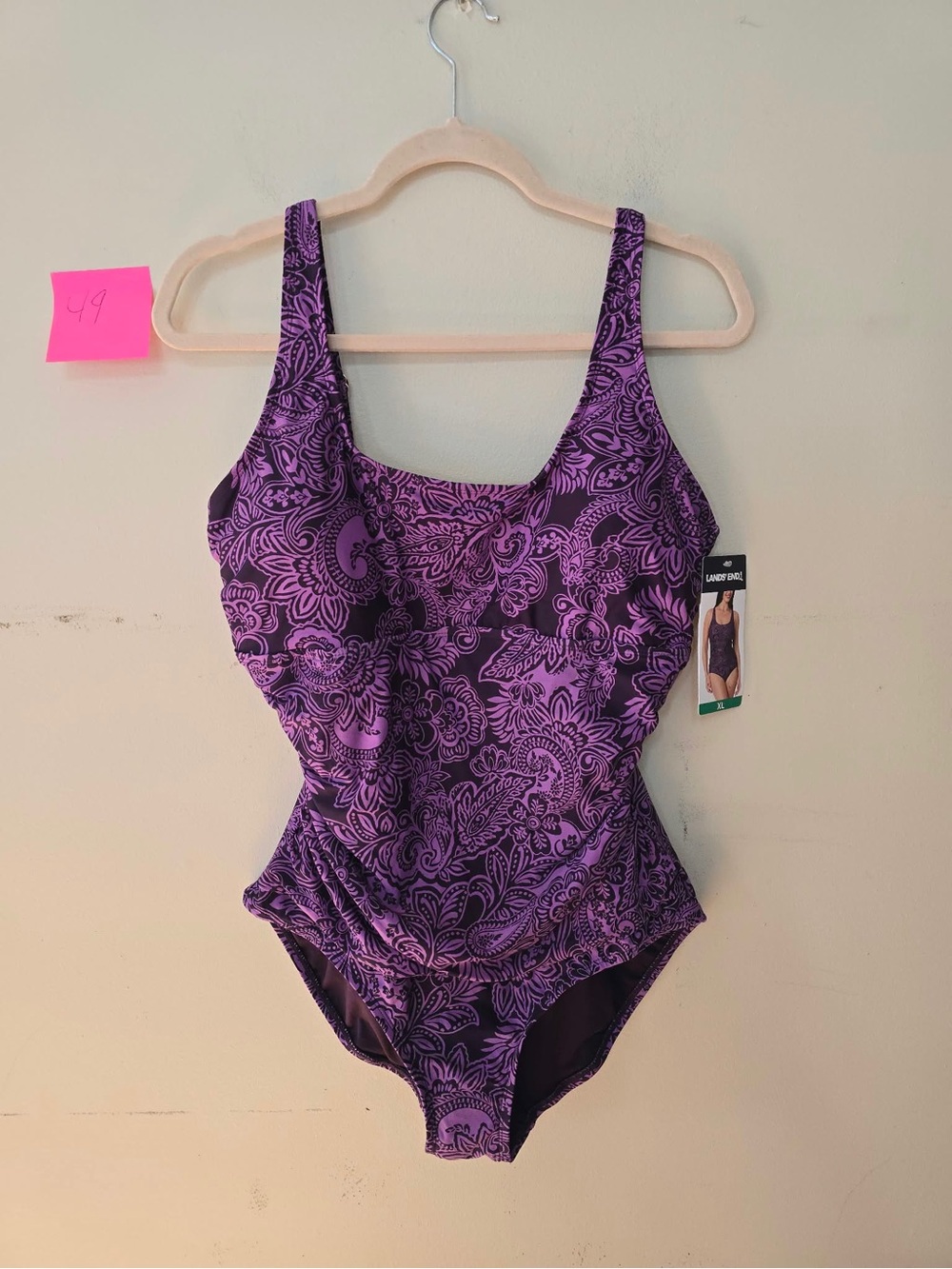 Lands' End Women's XL One Piece Swimsuit Purple Paisley Scoop Neck NWT